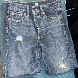 GAP Women’s Distressed Blue High Rise Straight Leg Jeans